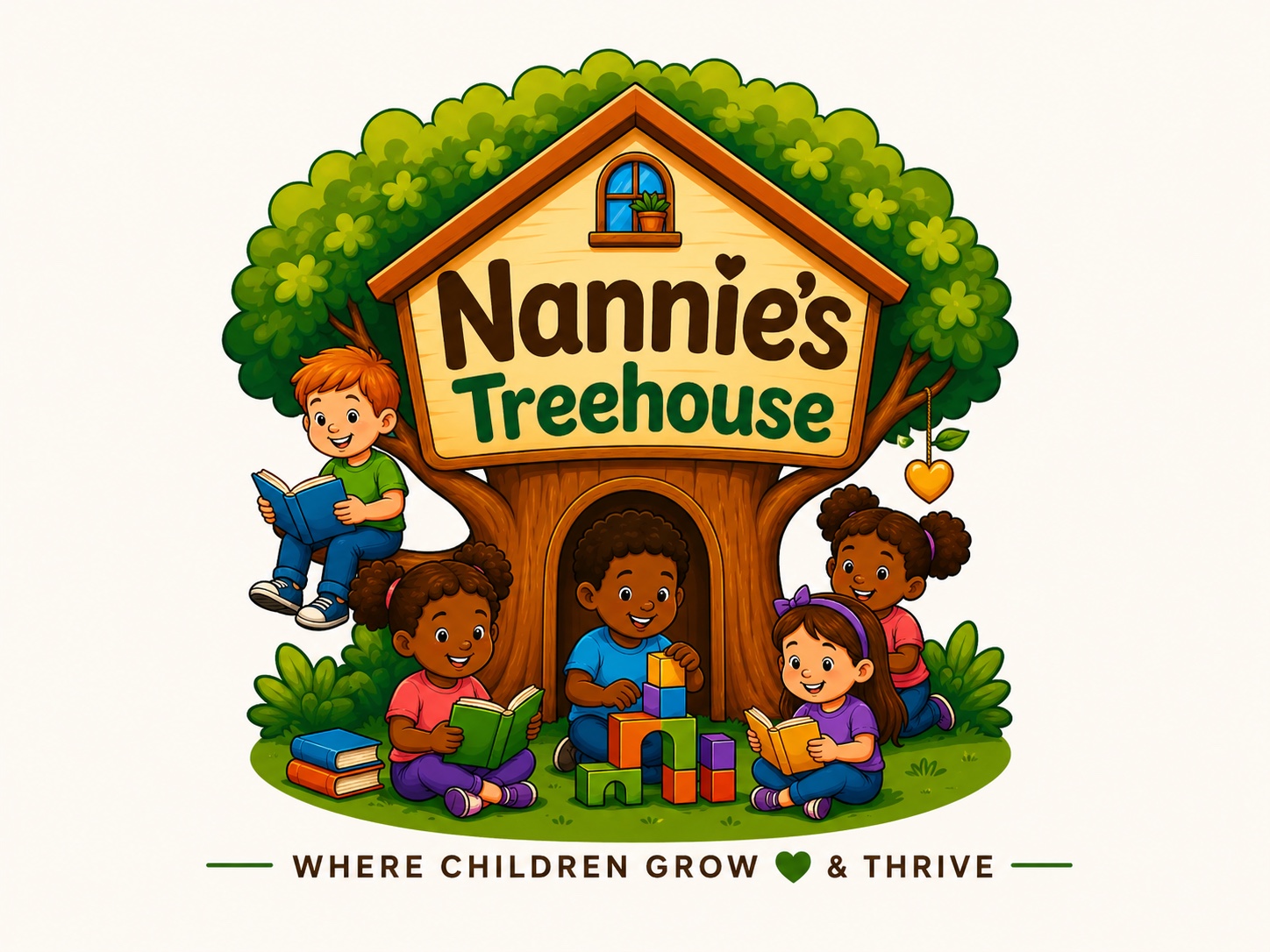 Children reading and playing around the Nannie’s TreeHouse logo
