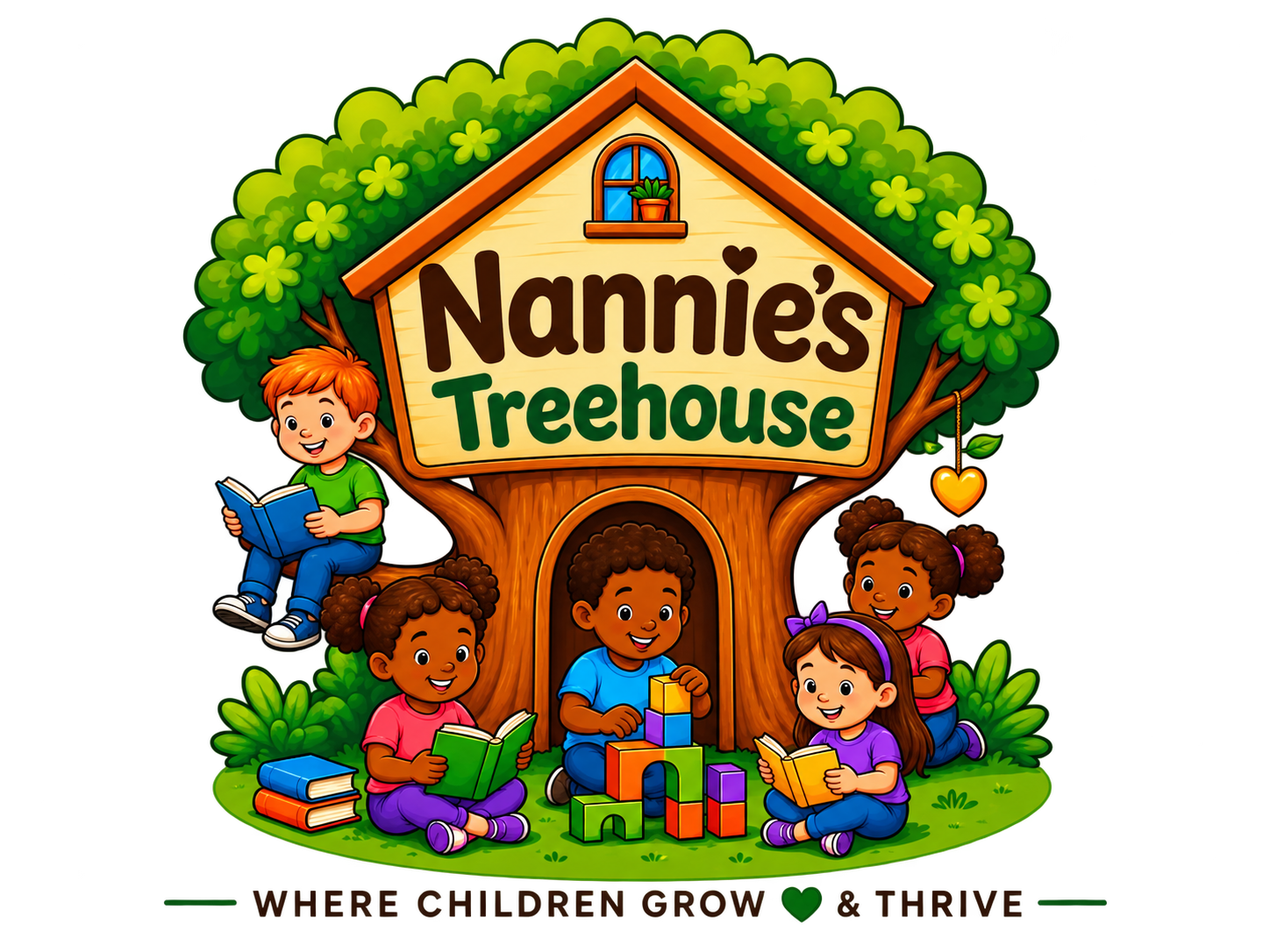 Children reading and playing around the Nannie’s TreeHouse logo